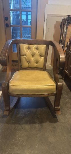 Vintage Wood Rocking Chair with Tufted Leather Upholstery