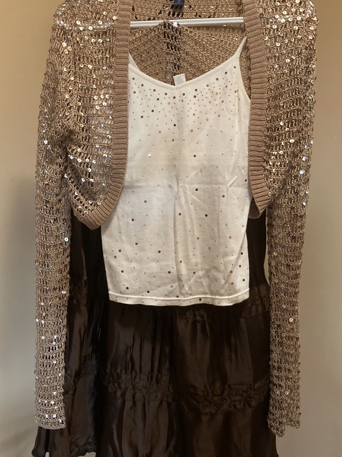 Size 12 Dress/skirt, Cami, And Gold Shrug