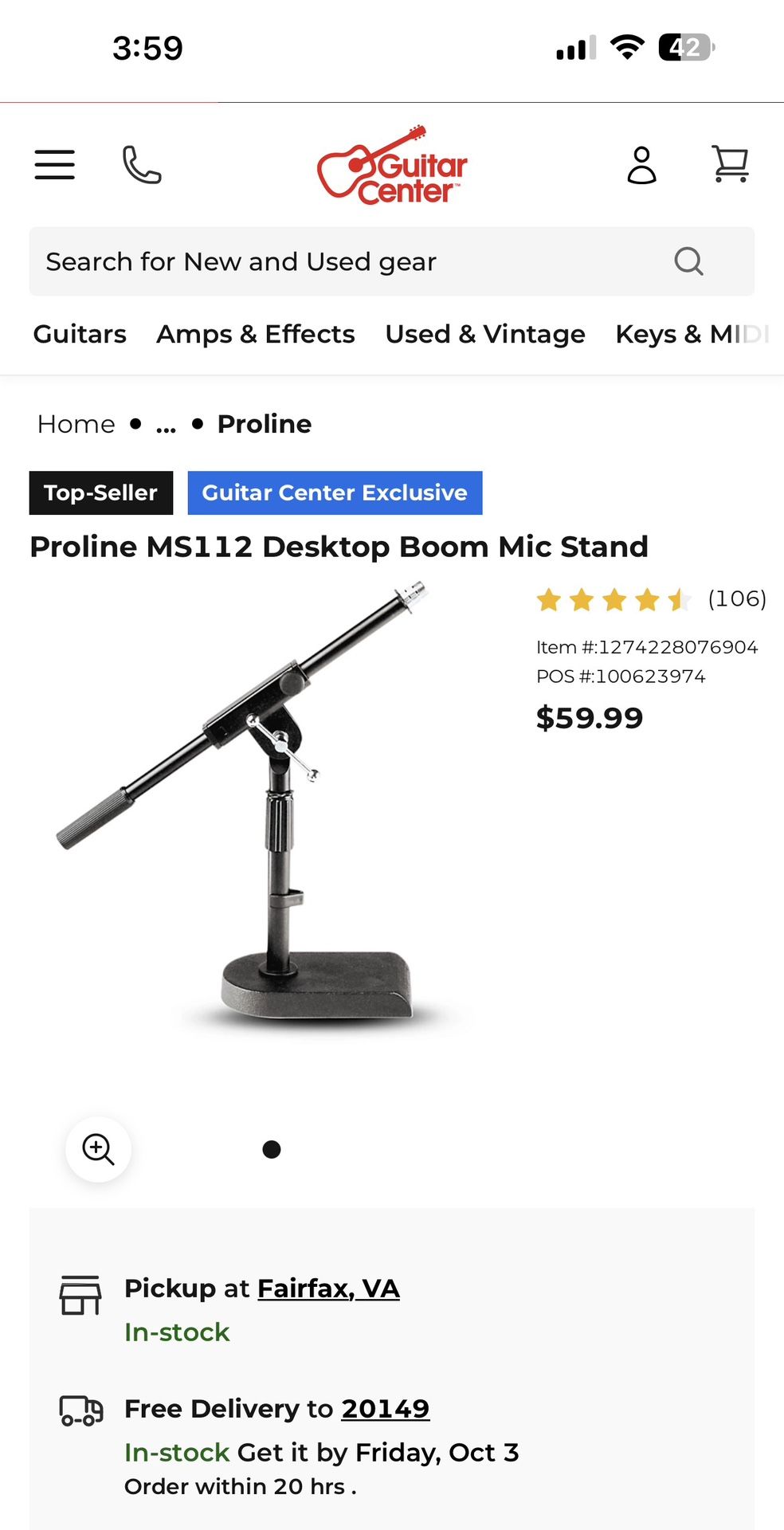 Proline MS112 Desktop Boom Mic Stand 