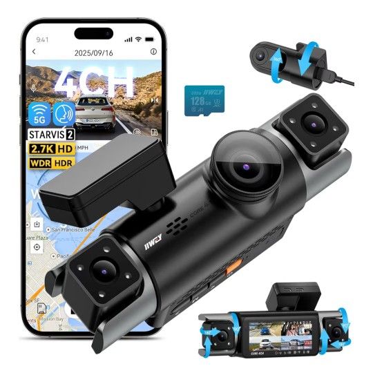 4 Channel 360° Dash Camera for Cars, STARVIS 2 IMX675, 2.7K+1080P*2+2K, Front Rear Inside Dash Cam, 5G WiFi GPS, Voice Control, Optional CPL, IR Night