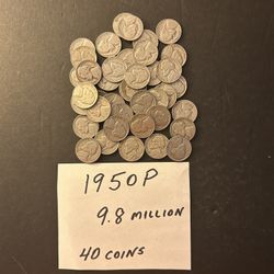 Coins – 1950P  Jefferson Nickels (Philadelphia Mint) approx. 9.8 Million Coins Minted - Total 40 Coins