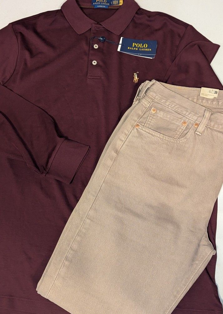 Men's Polo Long Sleeve Collar Shirt With Levis Jeans ( Shirt Size Large) ( Pants Size 34x32)