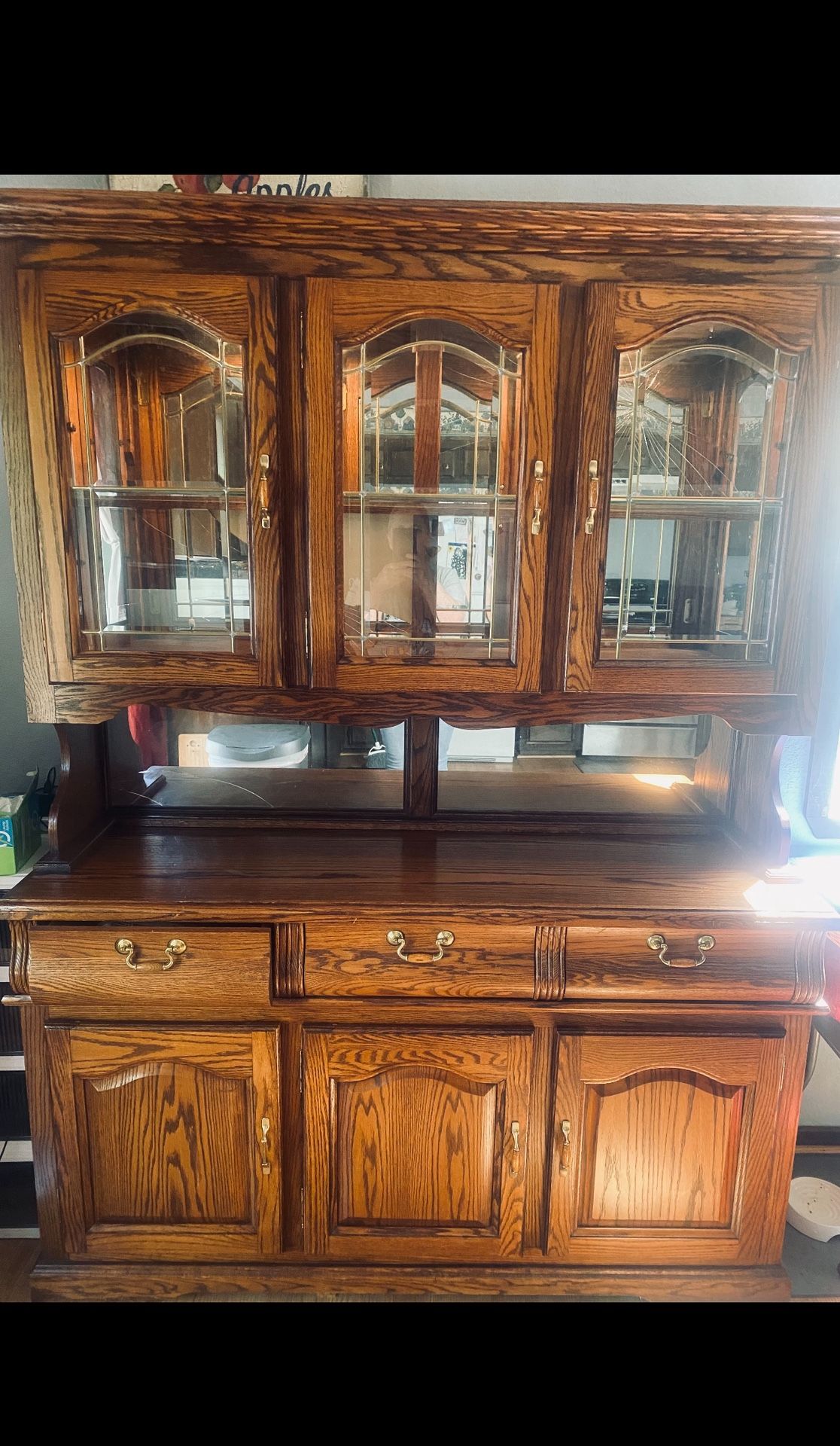 FREE- FREE. Medium Oak Beautiful Hutch / Lighted 2 Piece / Great Condition China Hutch/ See Description