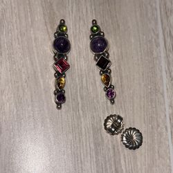 Vintages Signed NEZ Multi-Stone Garnet Peridot Amethyst Topaz Sterling Silver Earrings