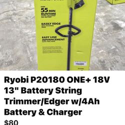 Ryobi P20180 ONE+ 18V 13" Battery String Trimmer/Edger w/4Ah Battery & Charger