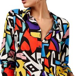 Bright Printed Long Sleeve Button-Down Blouse | 100% Viscose | Flowy & Stylish