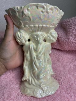 VTG White Carnival Glass Ceramic Cherub Soap/Trinket Dish
