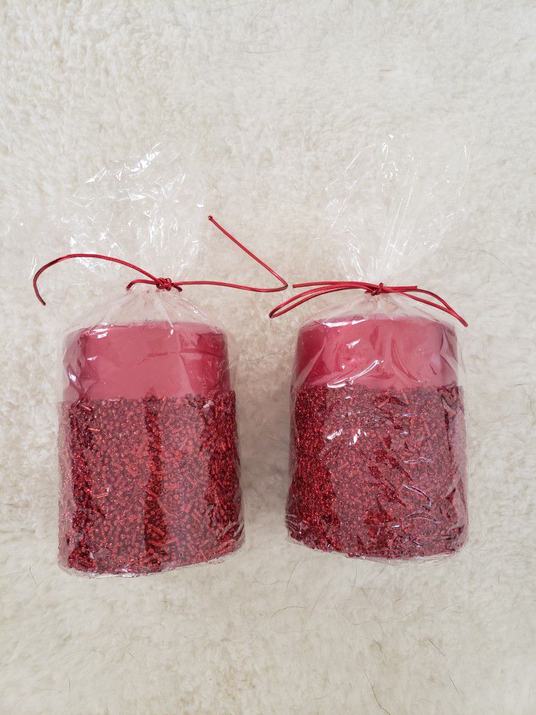 Pair Of 3x4 Red Beaded Christmas Pillar Candles