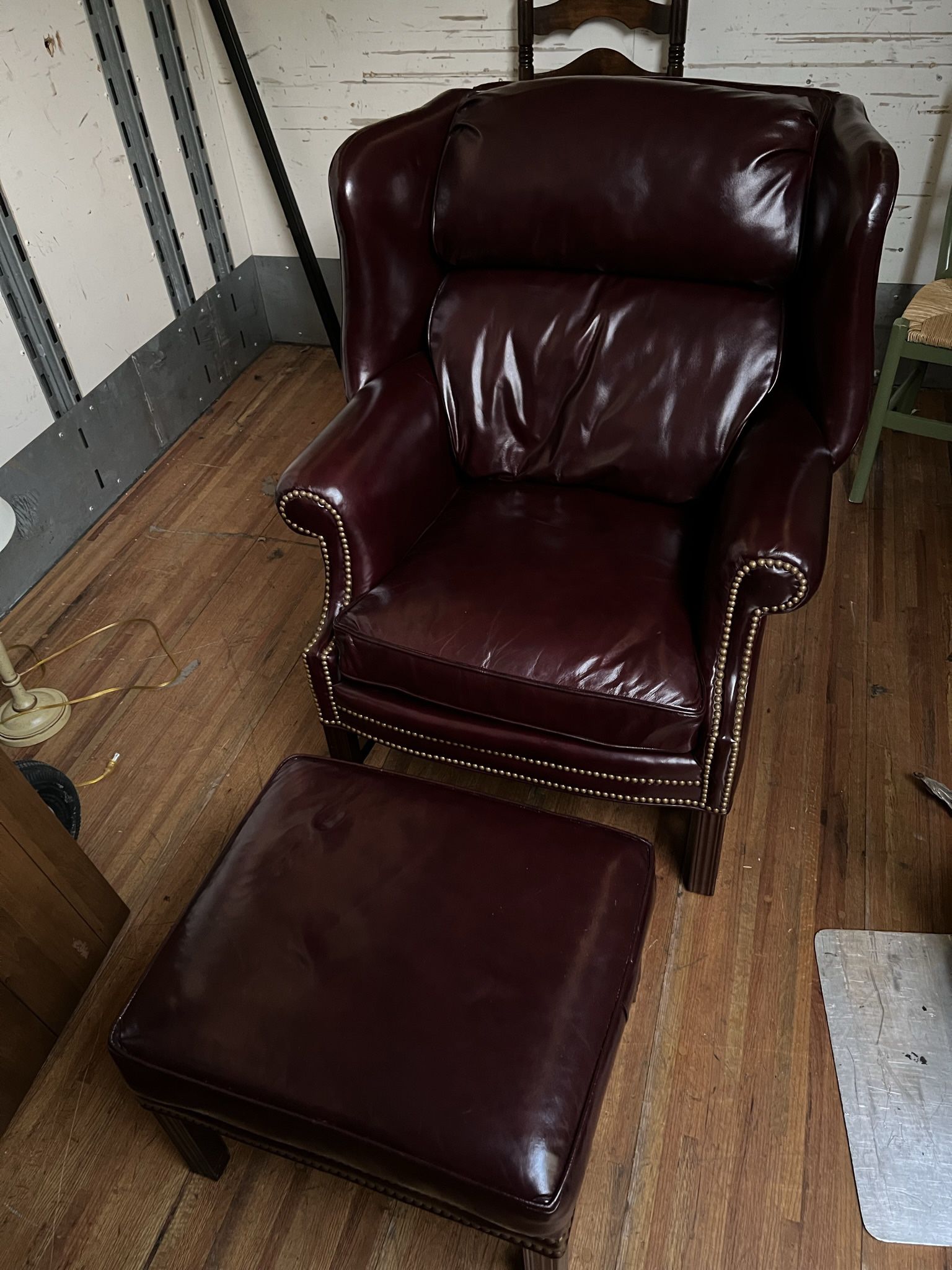  Huffman Koos Leather Wingback Armchair and Ottoman