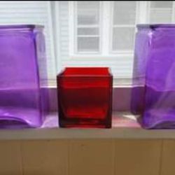 3 Color glass vases, purple, red. East or west