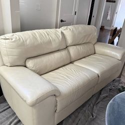 Leather Power Reclining Sofa Cream  Color Light Neutral