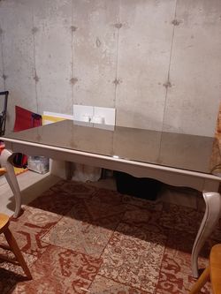 Casafina, painted table with smoke glass top.