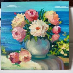 Original Peony Painting | Floral Wall Art | 12x12 Oil Canvas