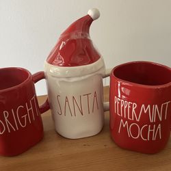 Rae Dunn Santa Mug w/ Topper Plus Two Red Mugs NEW 