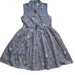 Disney Blue and Pink Stitch Pleated Sundress with Notched Collar