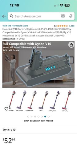 Homesuit V10 Battery Replacement,25.2V 4500mAh V10 Battery Compatible with Dyson V10 Animal V10 Absolute V10 Fluffy V10 Motorhead SV12 Cordless Stick