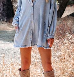 Women's Oversized Distressed Denim Button Down Tunic Shirt Dress with Pockets