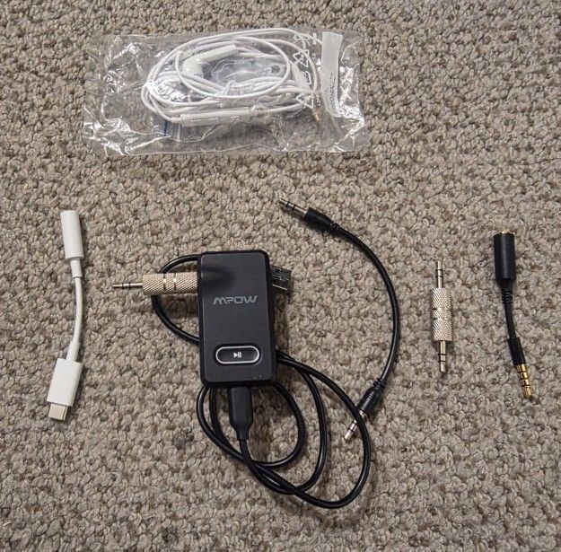 Various Audio Cables - Bluetooth Audio Receiver, USB C to Aux, mtm and mtf aux, and unused headphone
