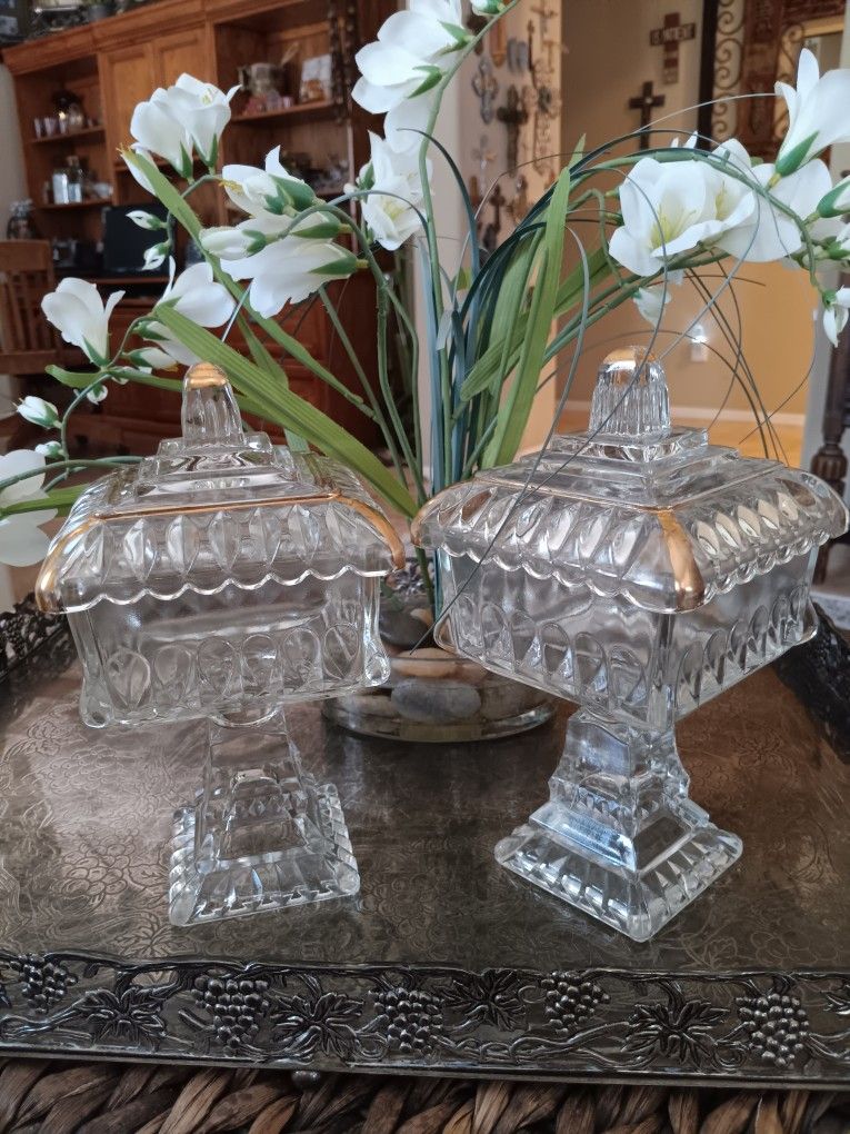 Vintage Pair Jeanett 1960's Glass Covered Pedestal Wedding Box Candy Dish With Gold Trim