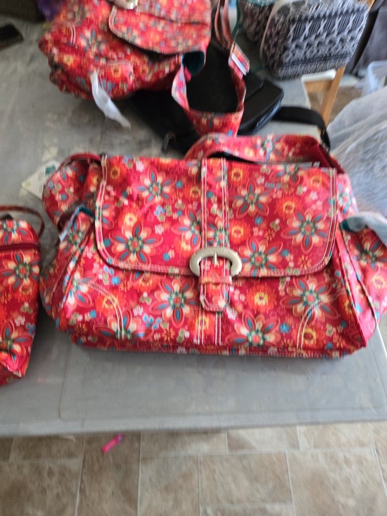 NWT Kalencom MATTE COATED BUCKLE DIAPER BAG Red FLORAL Mom & Baby HTF