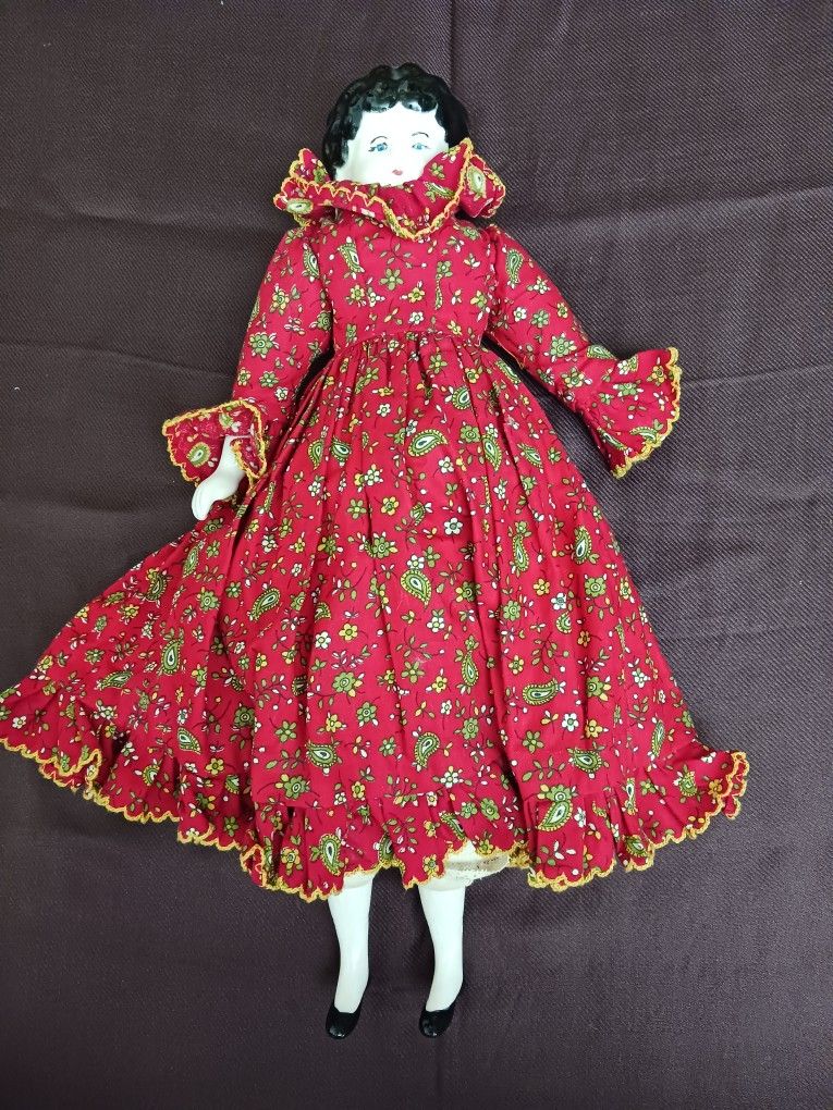Antique-style Porcelain 15in Doll In Red Paisley Dress 
