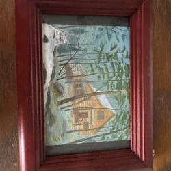 Charming Small Hand-Painted Log Cabin Art in Rustic Frame -