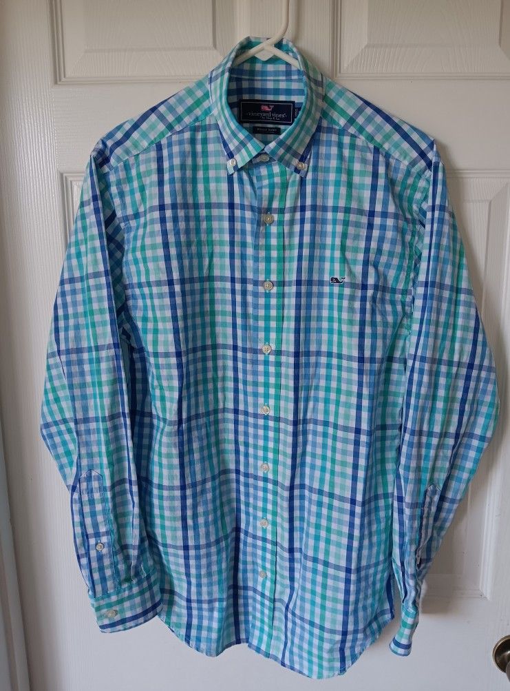 NEW "Vineyard Vines" mens long sleeve cotton, shades of blue, plaid button up shirt SMALL