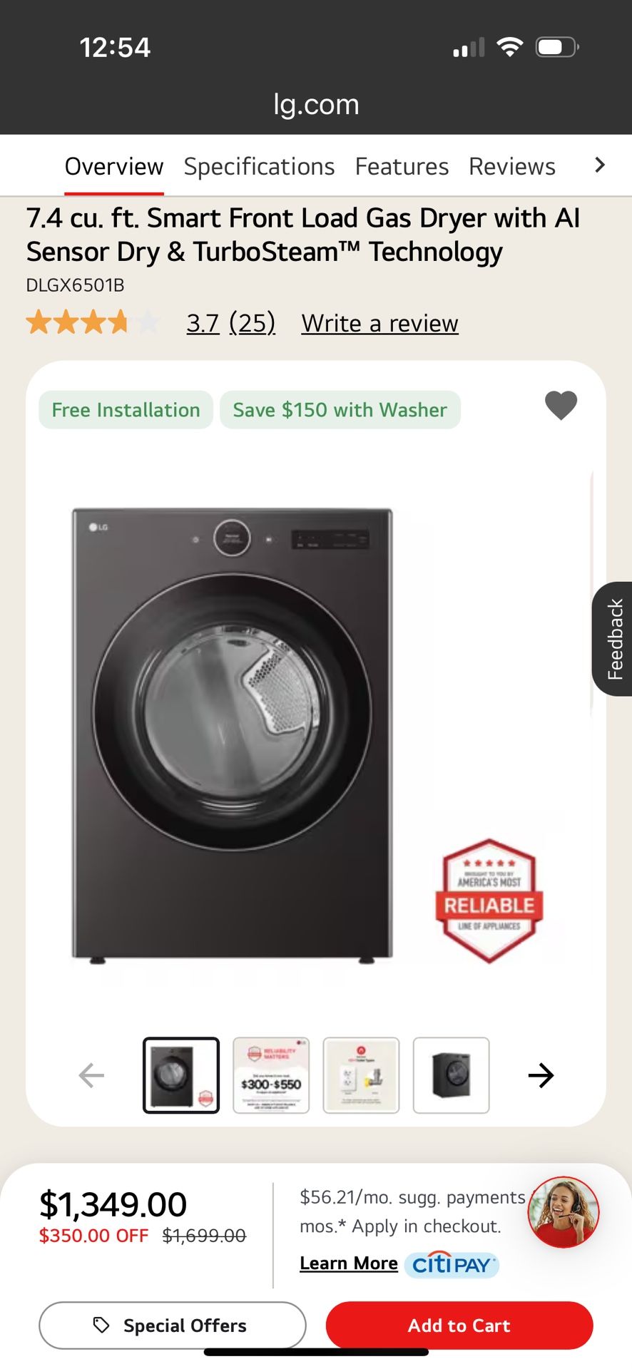 7.4 Cu Ft LG Stackable Gas Dryer With AI Sensor Dry & Turbo Steam