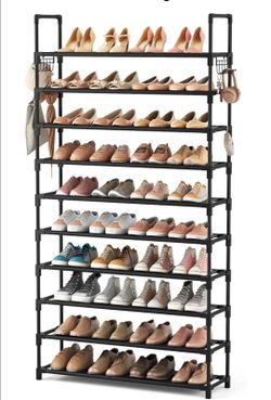 10 Tier Shoe Rack Tall Large Capacity Wide Shoe Organizer with Two Hooks Sturdy Metal Shoe Shelf for Entryway, Closet, Bedroom