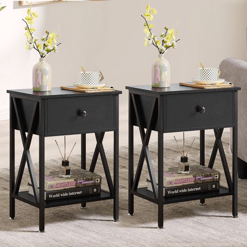 Kempst 22" Tall Nightstand, End Side Tables with Storage Drawer and Open Wood Shelf for Bedroom (Set of 2)
