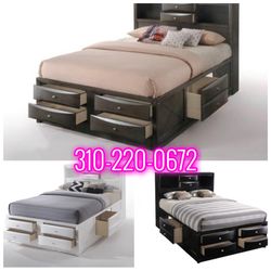 QUEEN SIZE BED FRAME PLATFORM STYLE STORAGE DRAWERS - CAMA Gray Linen & Antique White Finish NEW IN BOX ASSEMBLY REQUIRED MATTRESS NOT INCLUDED 95"L X