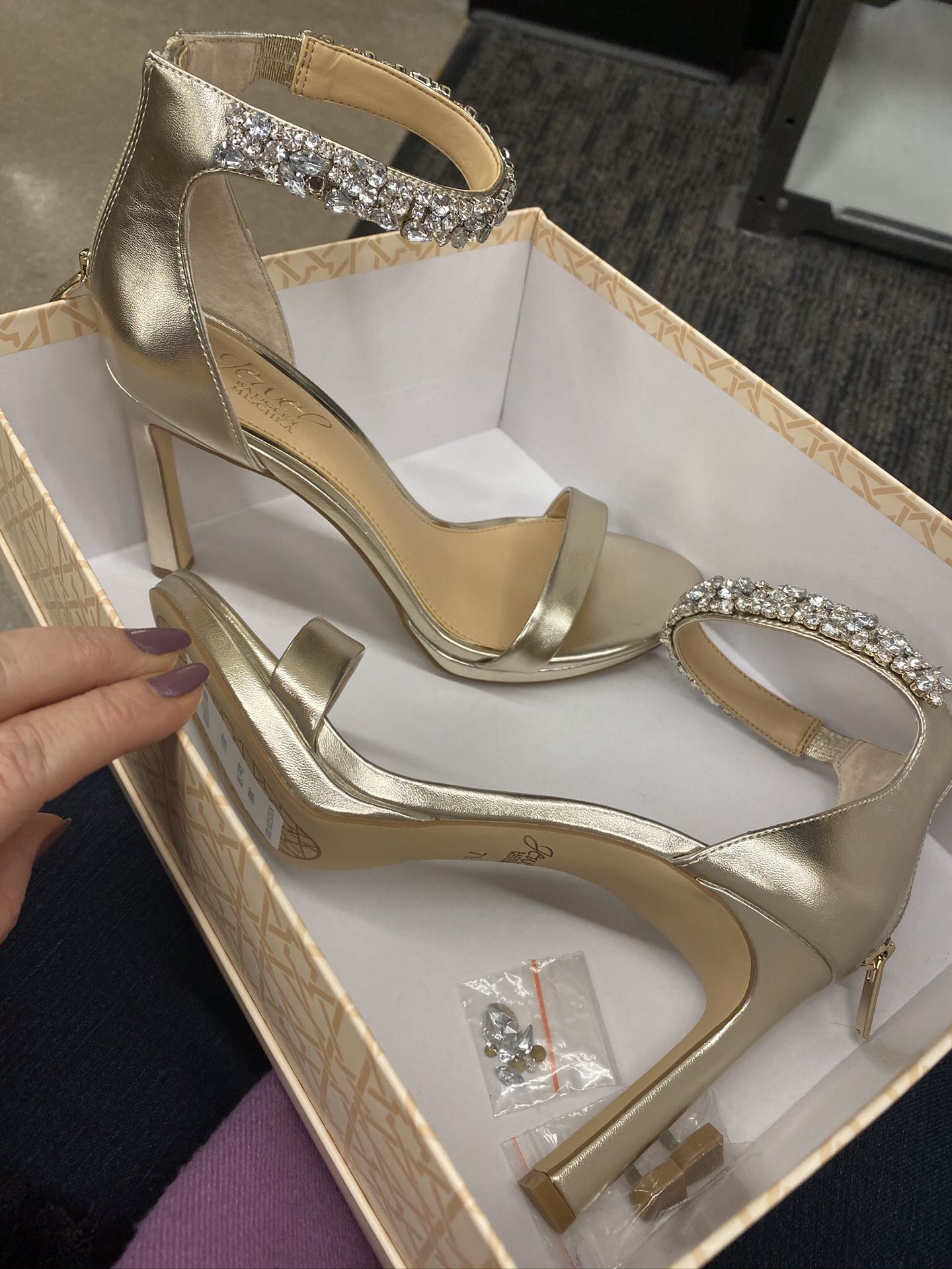 Gold and crystal Badgley & Mishka sandals, brand new, size 7 1/2, with small platform, back has zipper, comfortable, new in box