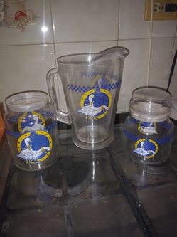Vintage Pitcher with Ducks, with 8 glasses, and 2 jars.