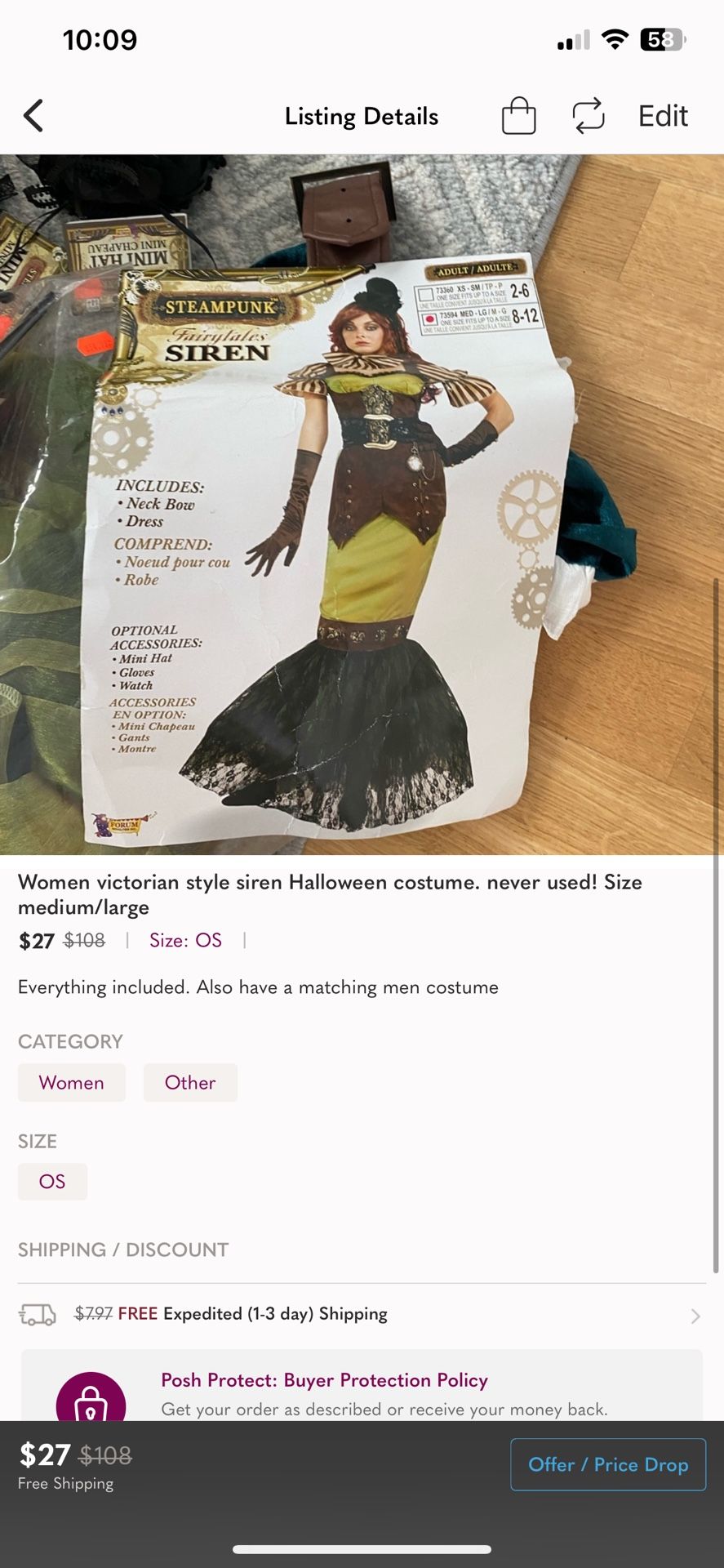 Women victorian style siren Halloween costume. never used! Size medium/large