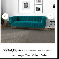 Kano Large Teal velvet Sofa 
