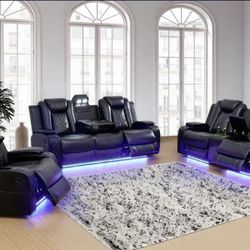 Power electric Black Leather Fully Reclining Three Piece Couch Set 
