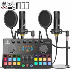 🎙️ Complete Podcast Starter Kit for 2 – Dual Microphones, Audio Interface, Streaming & Gaming Setup