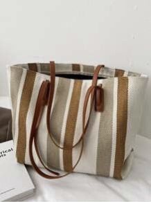 New Fall Emery Rose Brown Beige Striped Canvas Shoulder Tote Bag