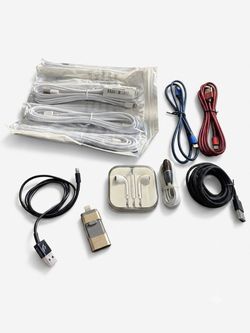 iphone lightning accessories (9 charger cables + 1 new corded wired earbuds + 256gb lightning to USB flash drive)