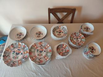 Vintage Japanese Arita Imari Fan Fine Porcelain Dinnerwear set 8 people