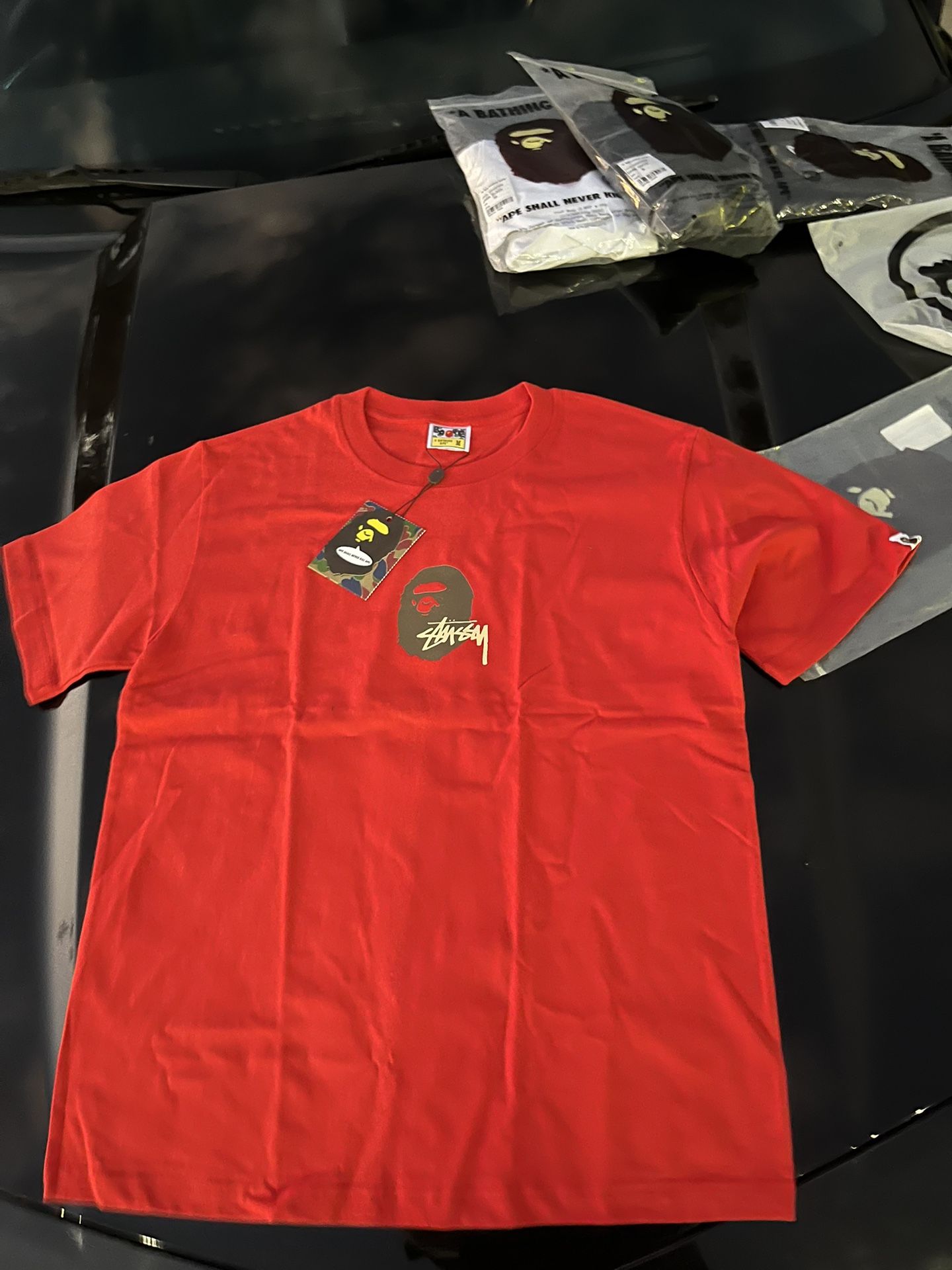 🔥 Bape x Stüssy Collab Tee – Red – Size Medium (Brand New) 
