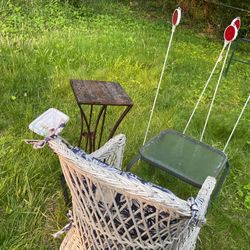 A Set Of Items For Gardens, Two Little Tables, One Wicker Chair With Cushions , And More (NO SHIPPING)