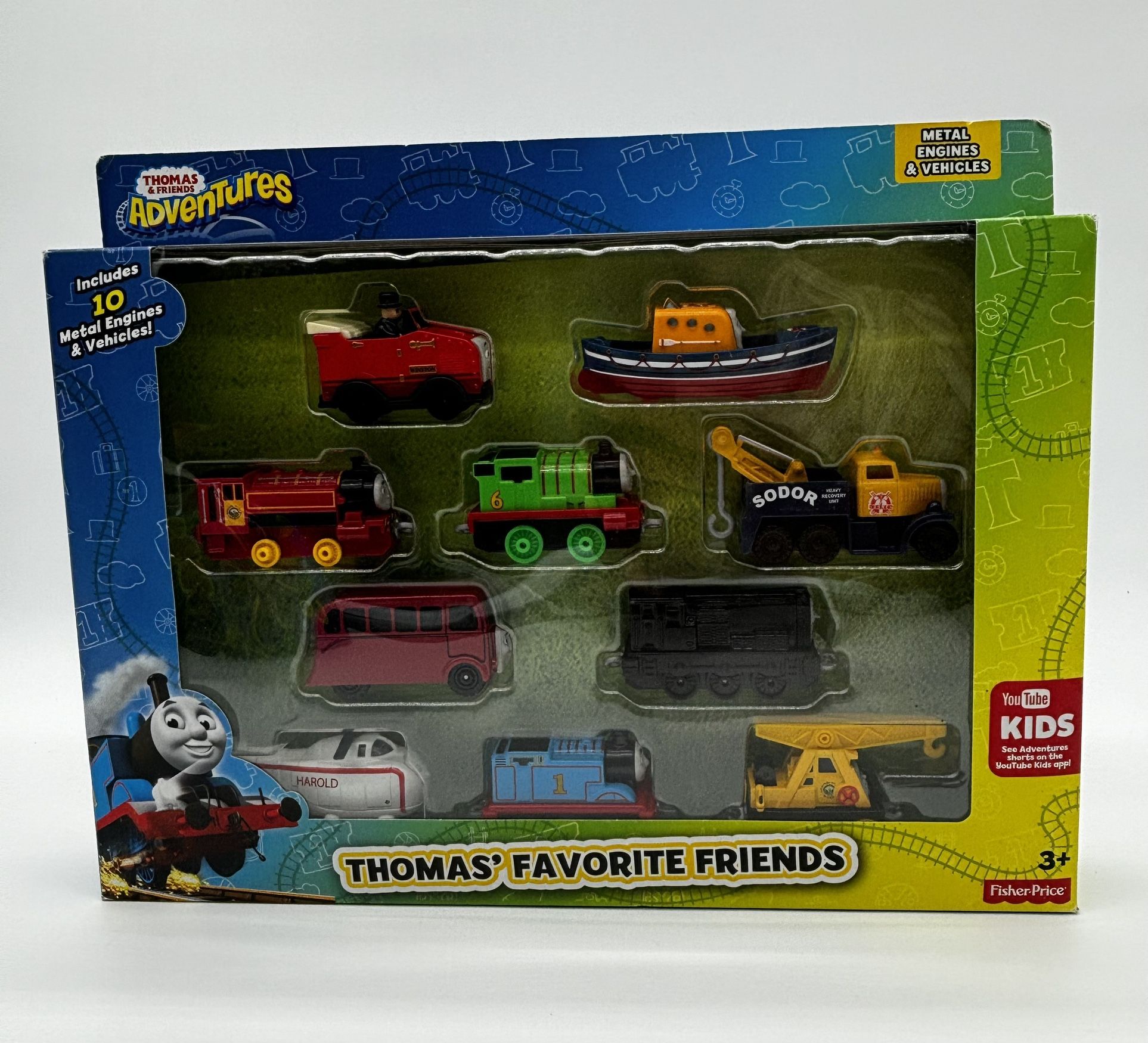 Thomas & Friends Adventures Thomas' Favorite Friends" 10-pack of die-cast metal engines and vehicles.