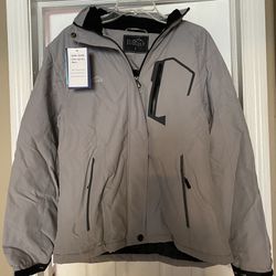 Pooluly Women's Ski Jacket Warm Winter Waterproof Hooded Raincoat Jackets L & XL light gray