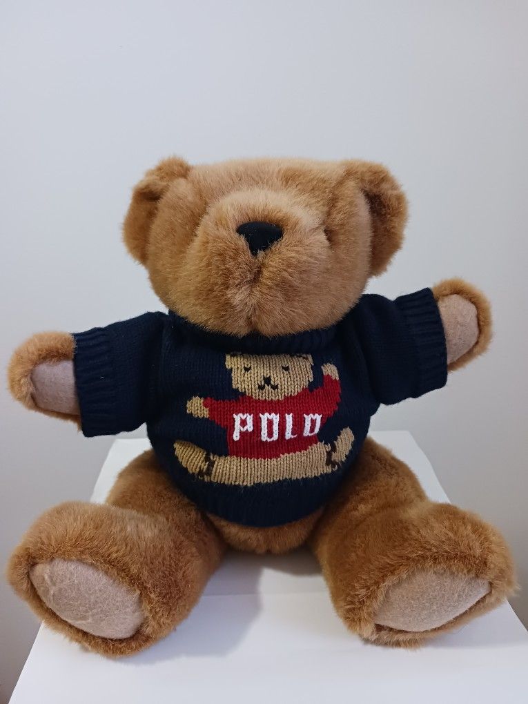 Polo Ralph Lauren Vintage 1997 Teddy Bear Navy Knit Sweater Jointed Plush 15"