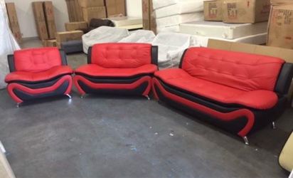 Modern style red leather three piece couch set