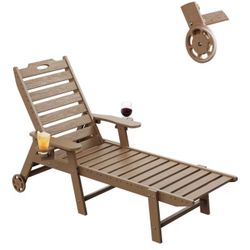 Brand New In The Box- Carauci Lounge Chair Outdoor, HDPE Chaise Lounge with Wheels, 5-Position Adjustable Backrest & 2 Cup Holders Patio Lounge Chair,