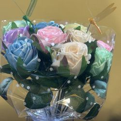 Colorful ribbon rose bouquet with dragonflies