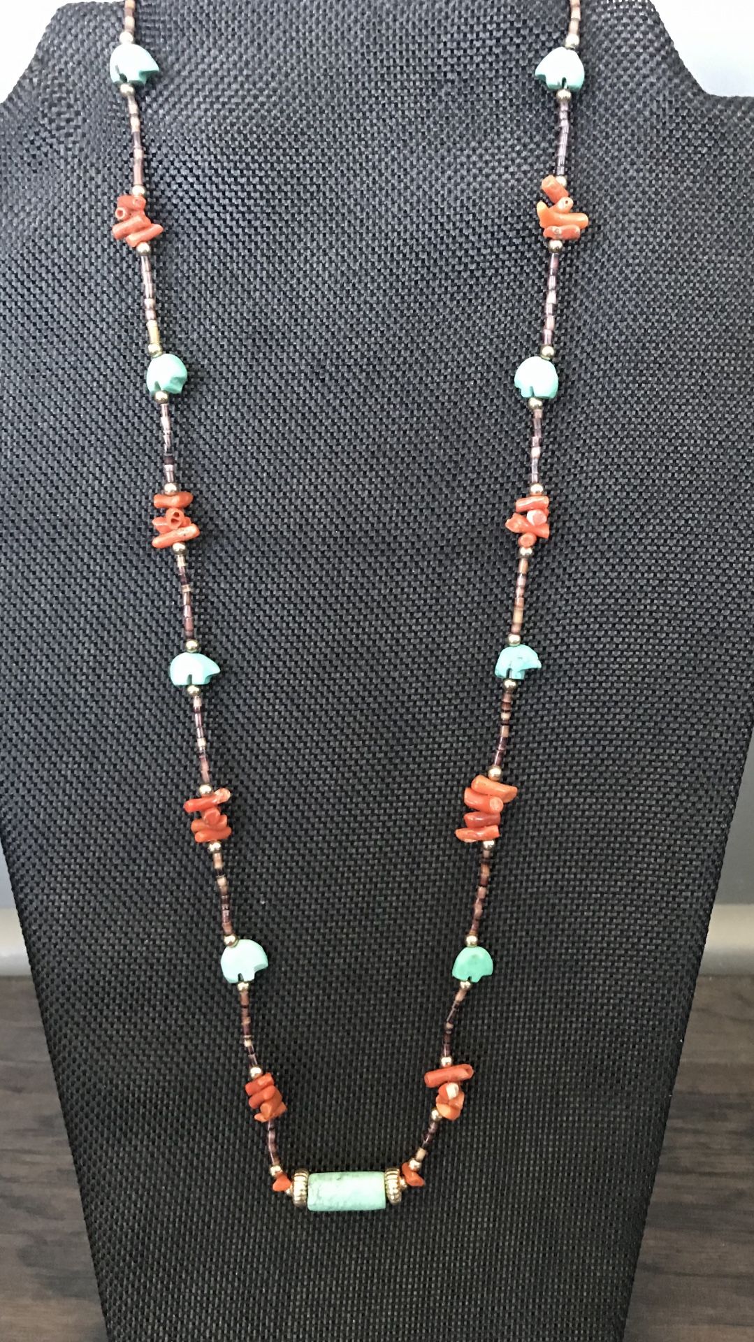 Coral with Turquoise Elephants Necklace