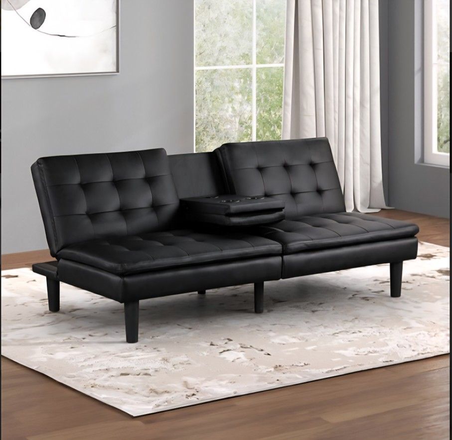 Futon Sofa Bed Black Faux Leather, New Especial Price